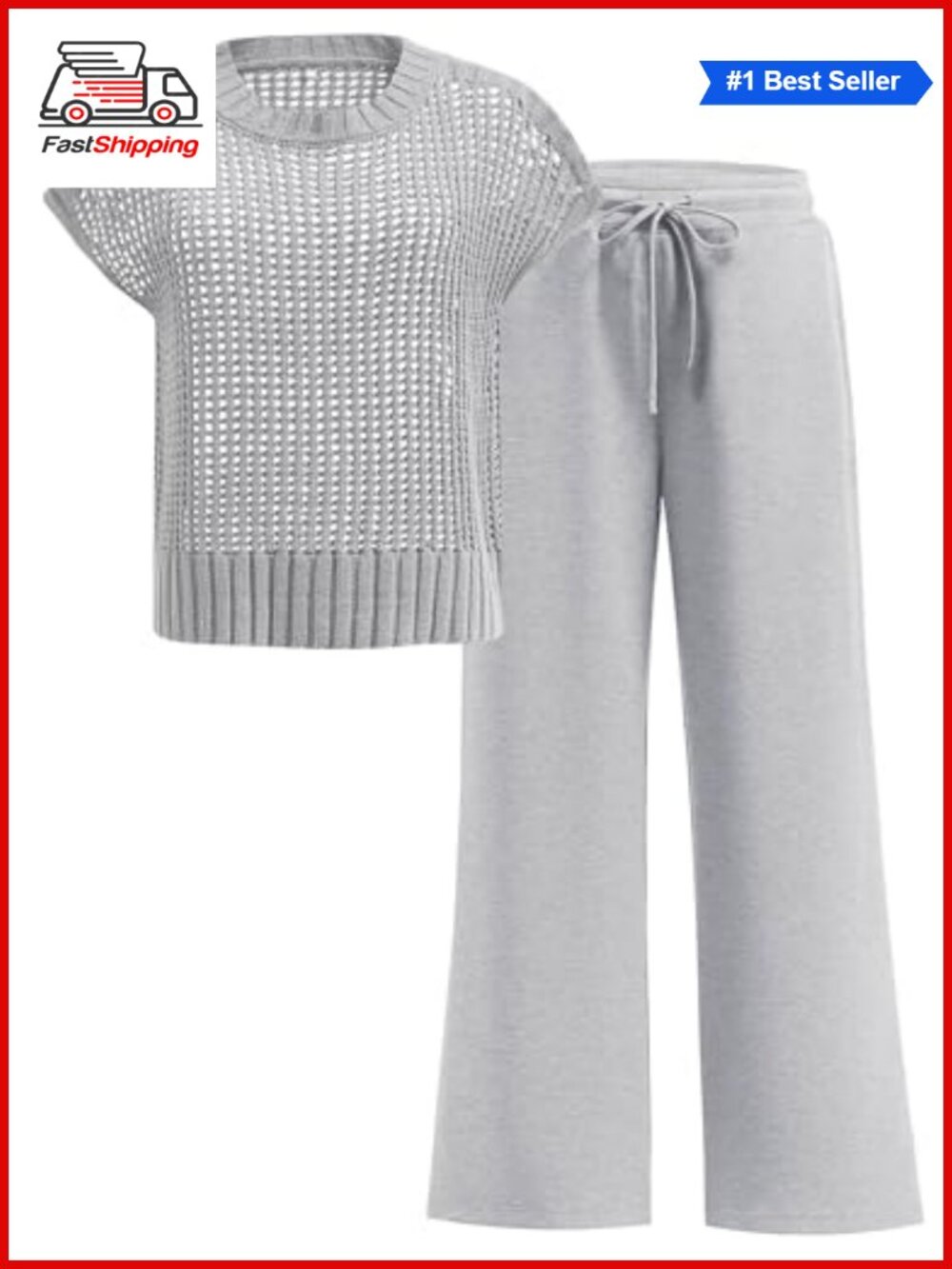 ✨ Crochet Sheer Knit Sweater Top & Wide Leg Pants Lounge Matching Set Travel